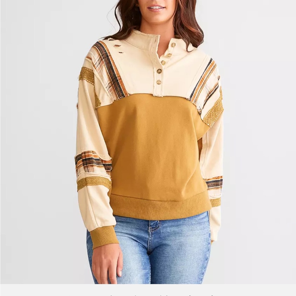 Miss Me Cream And Brown Pieces Henley Pullover Top women’s XS - Picture 6 of 8